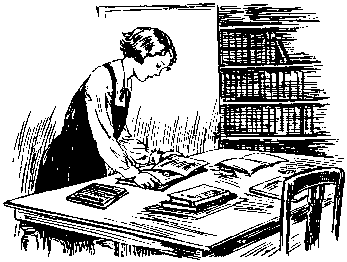 Black and white illustration of a schoolgirl looking at books on a library table