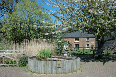 Colour photograph of a brick and slate traditional farm house, seen through trees against a blue sky. One tree is covered with blossom. In the foreground is a raised pond, edged with logs.