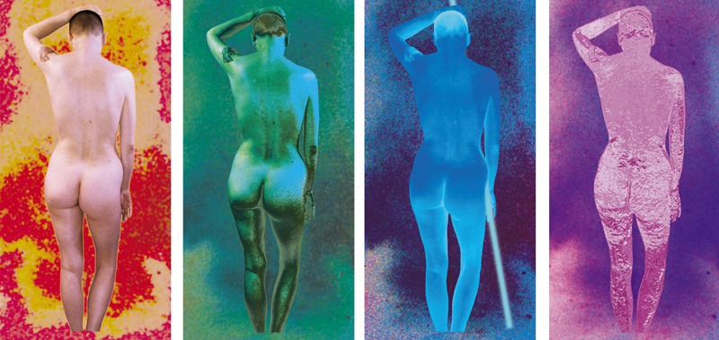 Series of four reworkings of the same image in different colours: red and yellow, then greens, then blues, then pinks and purples. The image shows an androgynous figure standing with their back to the viewer, with their left arm raised above their head as if knocking on a door, and the figure becomes less true to life as the series progresses (from left to right).