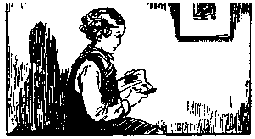 Black and white illustration of a young schoolgirl reading a book