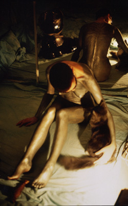 Photograph of Ju sitting naked cuddling a long-haired grey cat with her back reflected in a mirror, her body gleaming green and silver