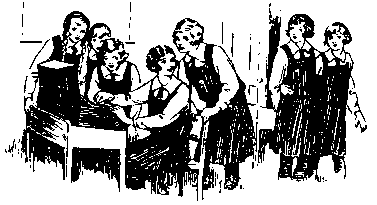 Black and white illustration of a group of old-fashioned schoolgirls, clustered excitedly around a gramophone player
