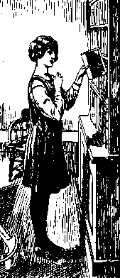 Black and white illustration of an old-fashioned schoolgirl taking a book off a library shelf